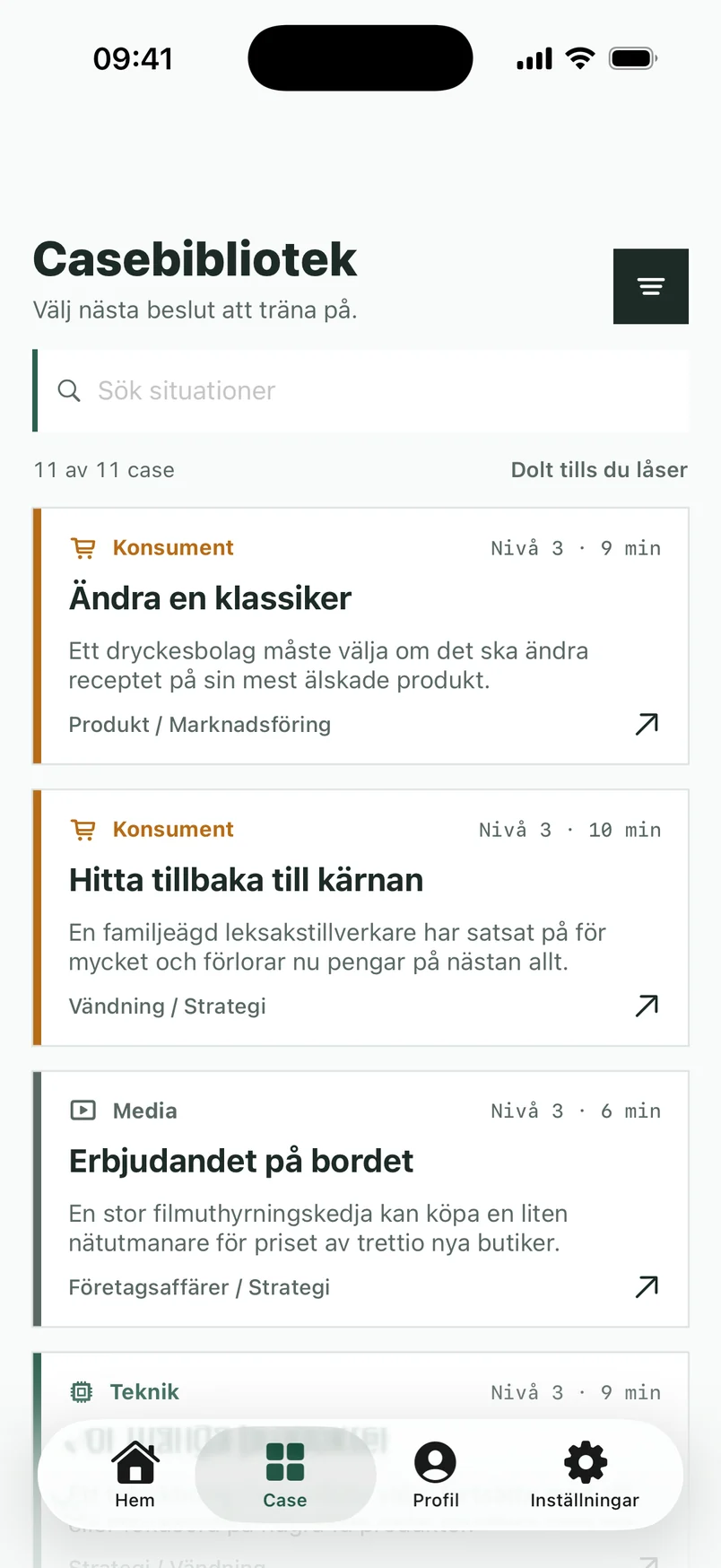 Skärmbild från appen: Välj ett case