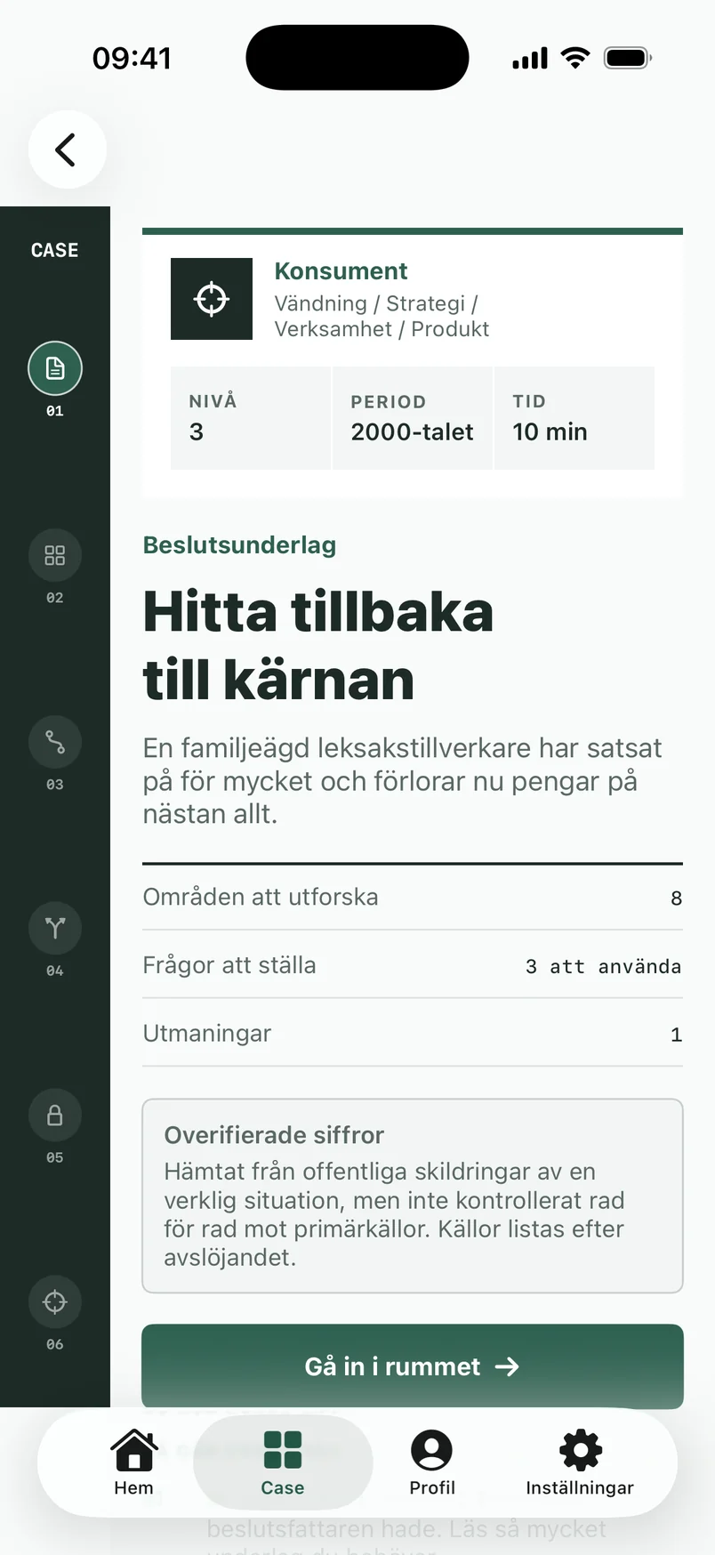 Skärmbild från appen: Välj ett case