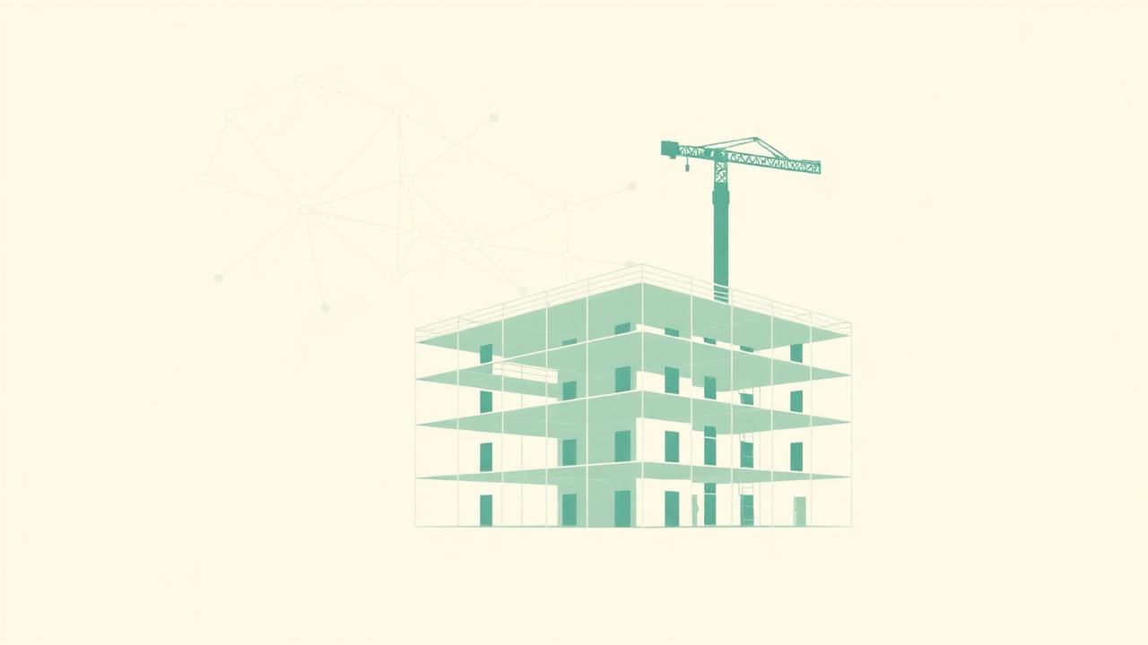 Abstrakt illustration av ett neuralt nätverk över en byggnadswireframe