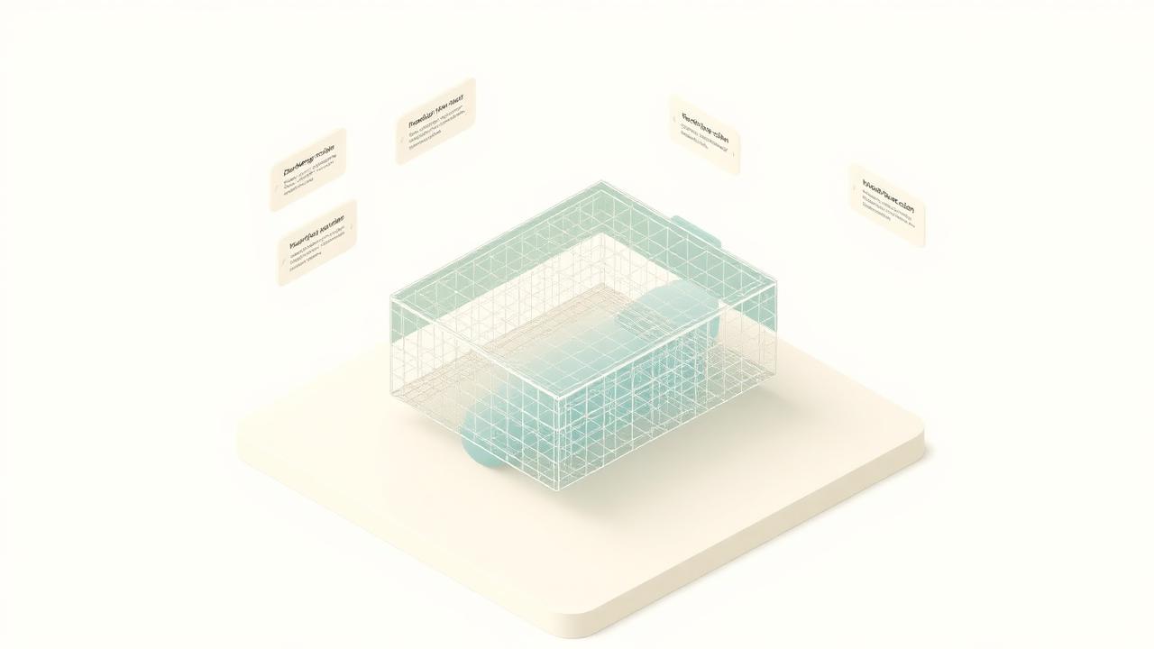 Abstrakt illustration av ett wireframeobjekt omgivet av flytande metadata-taggar
