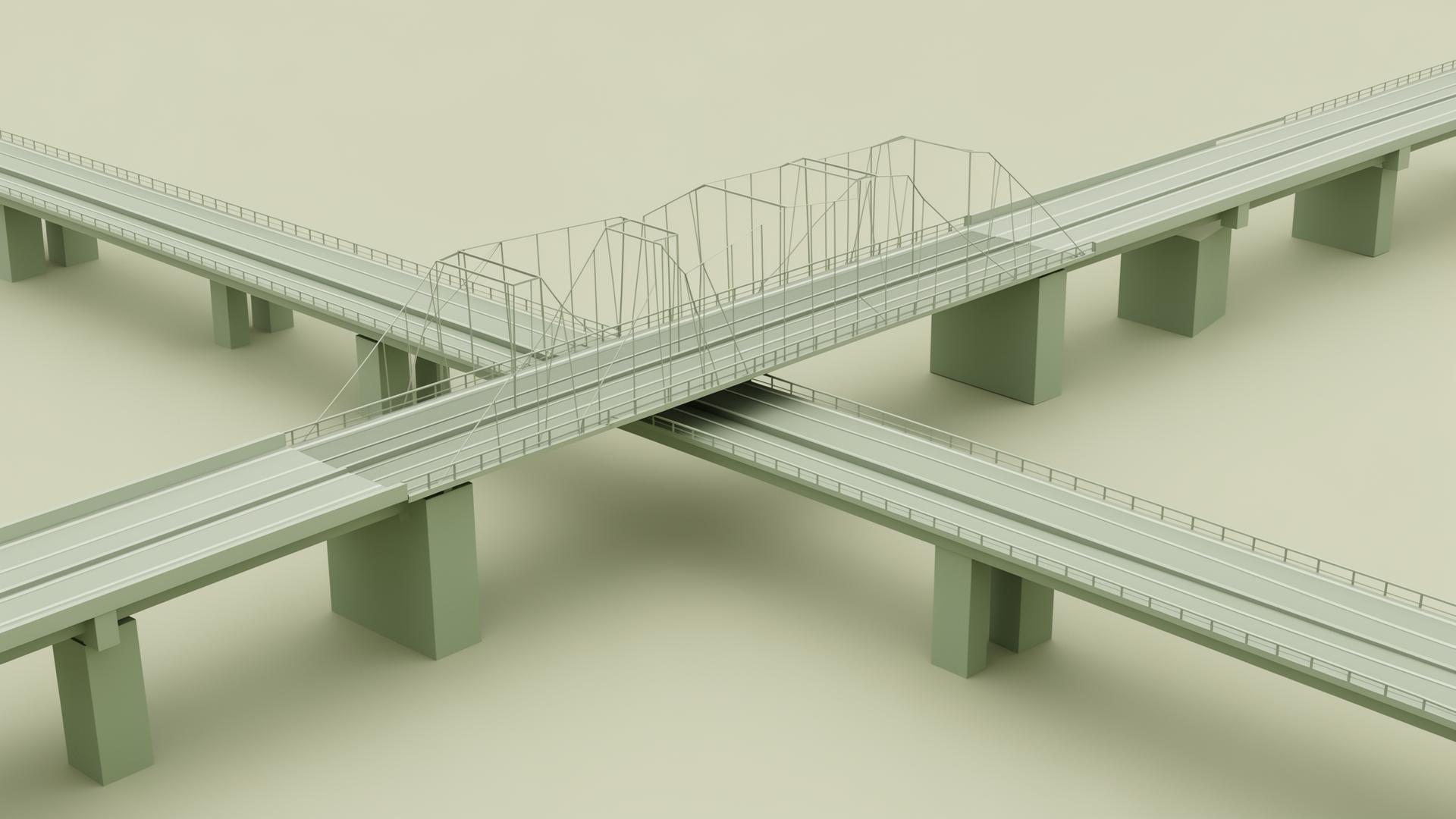 Wireframe-visualisering av bro och tunnel i BIM-modell för infrastrukturprojekt