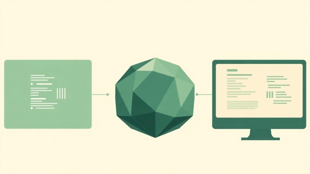 Abstrakt illustration av datautbyte mellan system med en polyhedron i mitten