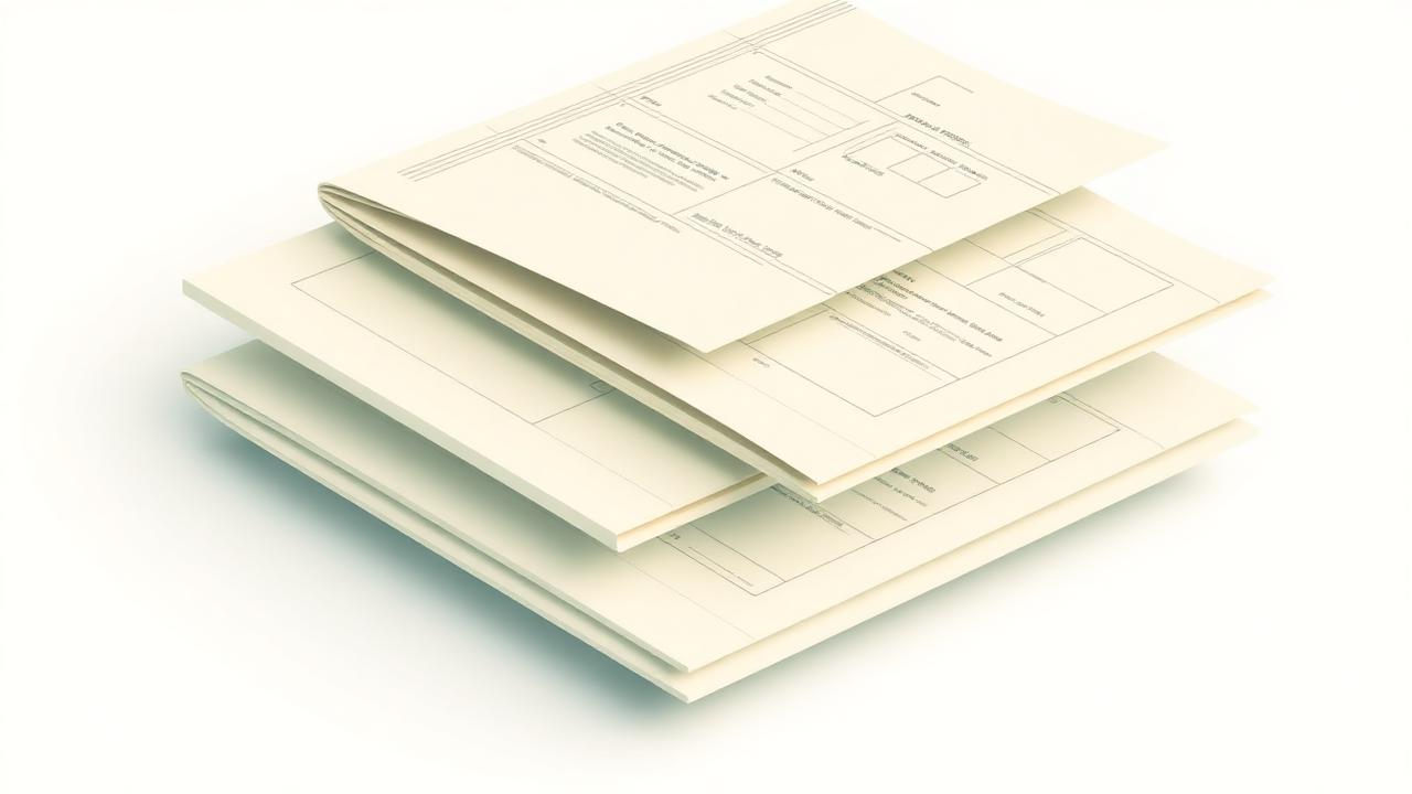 Abstrakt illustration av staplade informationskravsdokument i dämpade toner