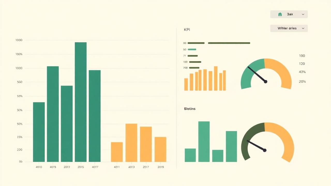 Abstrakt illustration av en minimalistisk dashboard med stapeldiagram och mätare