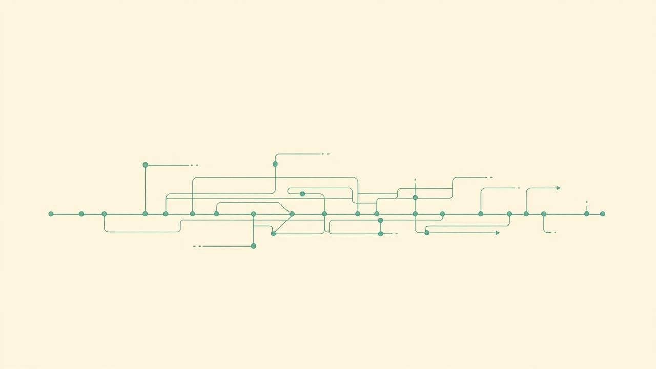 Abstrakt illustration av en versionshanteringstidslinje med grenar och noder